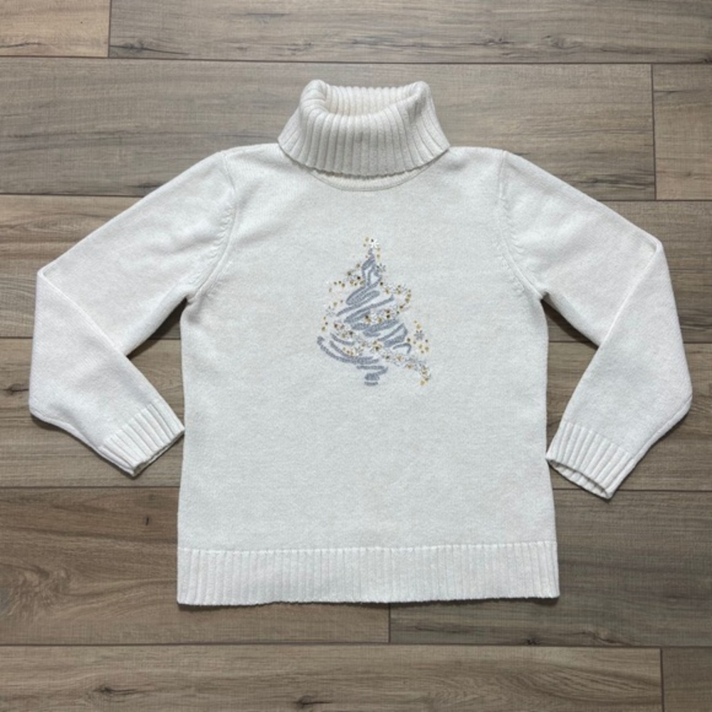 Norm‎ Thompson Beaded Christmas Tree Turtleneck Sweater Size Small Off White